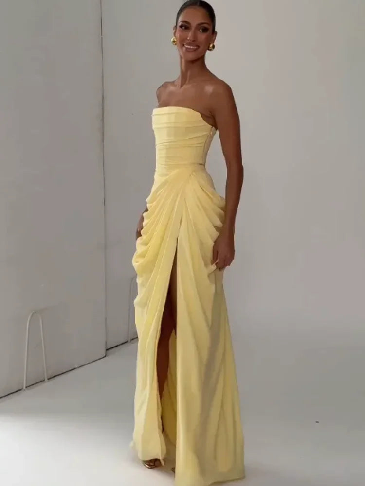 Elegant Yellow Strapless Pleated Maxi Gown — Waist-Cinching Split Evening Dress