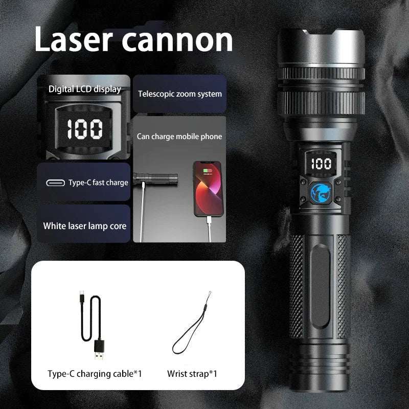 Lenovo Super Bright LED Flashlight – 2000 Lumen, USB-C, Digital Display, IPX8 Waterproof, Zoomable Camping Torch
