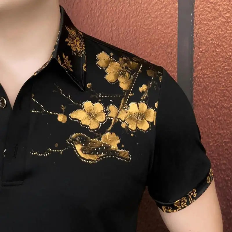 Men's Luxury Floral Embroidered Rhinestone Polo Shirt — Slim Fit Business Banquet Tee