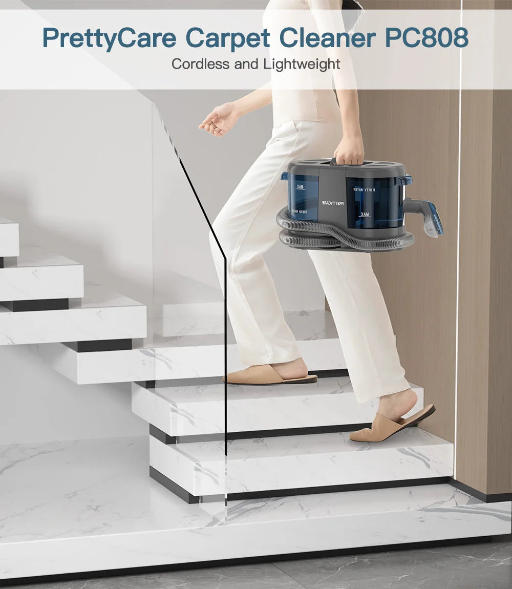 PrettyCare PC808 Cordless Carpet & Spot Vacuum Cleaner — 1.4m Hose, 30-Min Runtime, Wet Sprayer for Sofa & Car