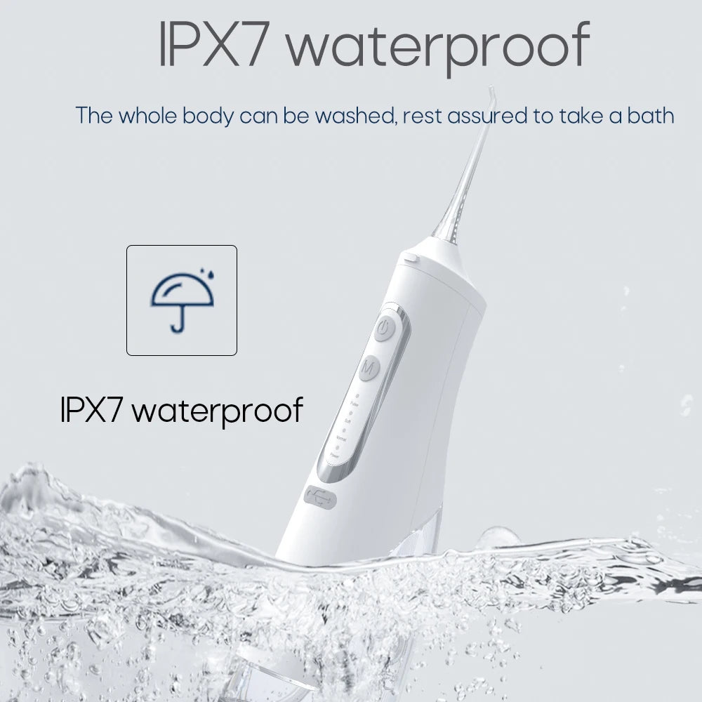 Portable Oral Irrigator – USB Rechargeable, 310ml Tank, 4 Pressure Modes, IPX7, 4 Nozzles
