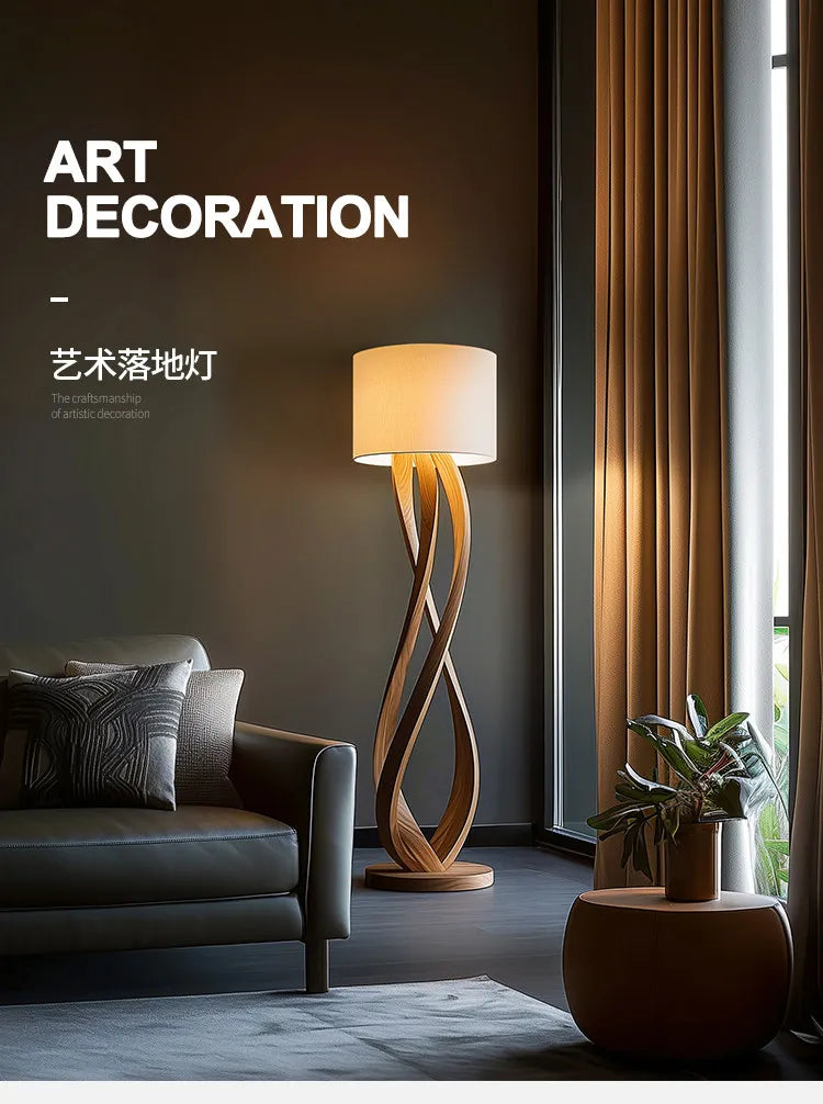 Wood Floor Lamp – Sculpted Base and Fabric Shade