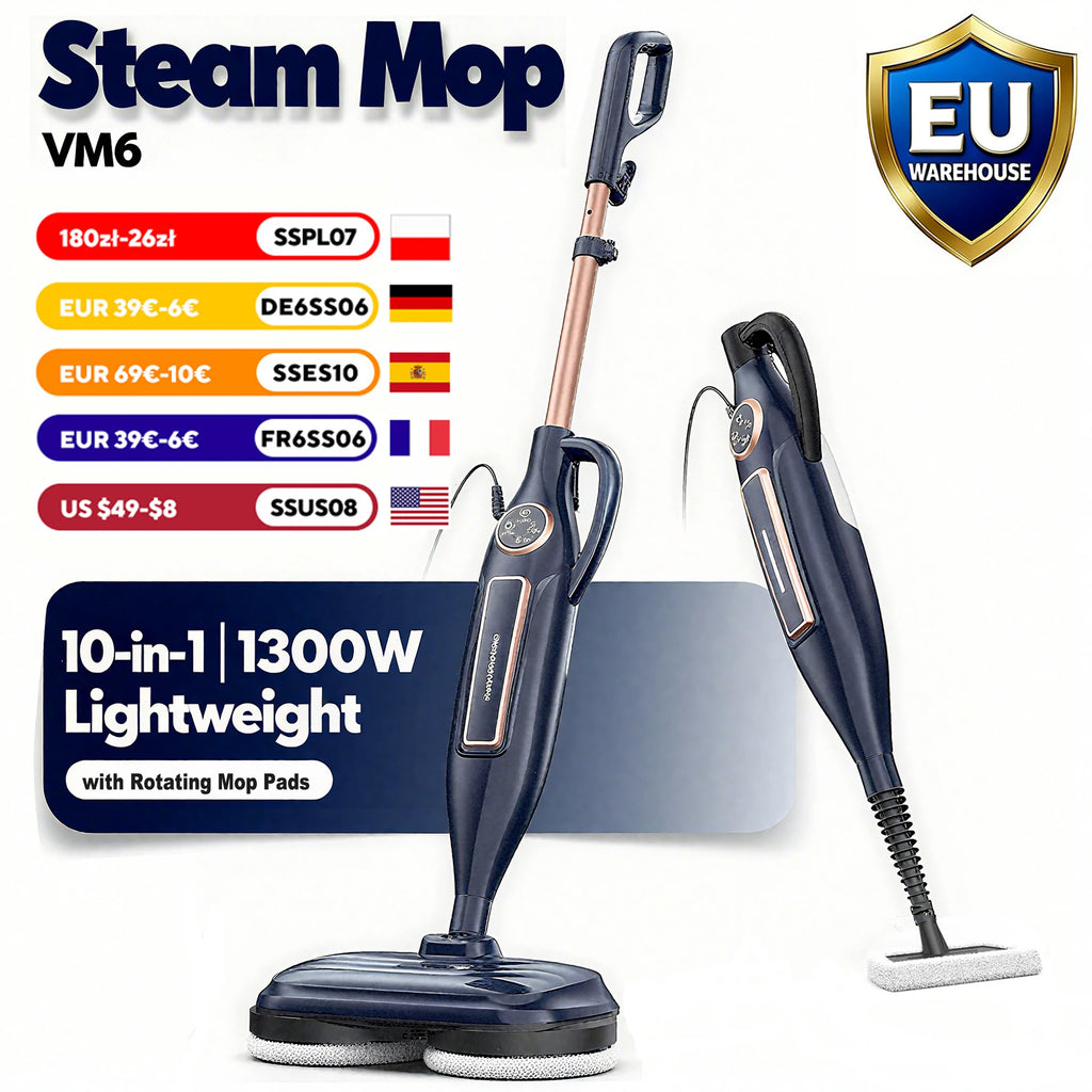 Devoac VM6 Steam Mop Cleaner — 10-in-1, 1300W, Rotating Spin Pad, 3 Steam Modes