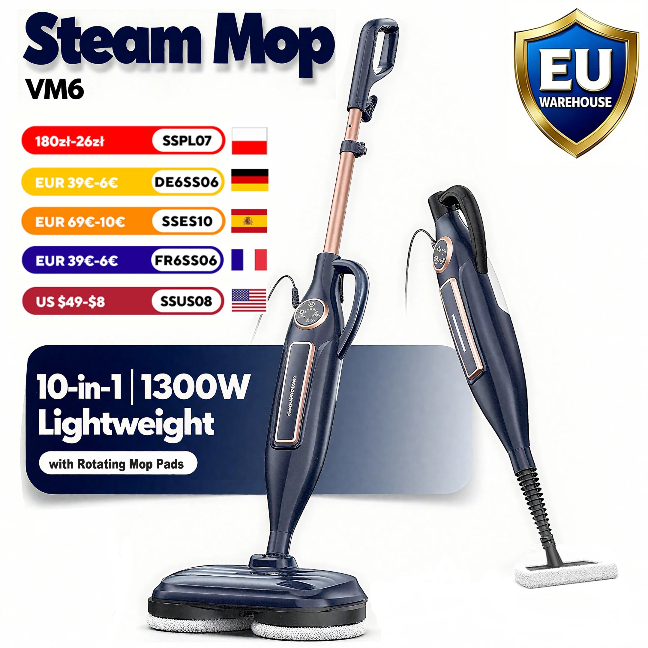 Steam Mop Cleaner with Rotating Mop Pad — 10-in-1, 1300W, 3 Steam Modes, Spin Scrubbing