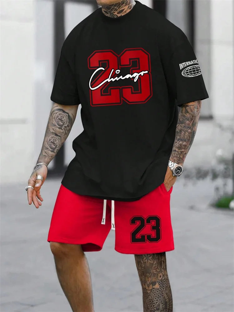 Men's Digital Print Crewneck T-Shirt & Drawstring Shorts Set