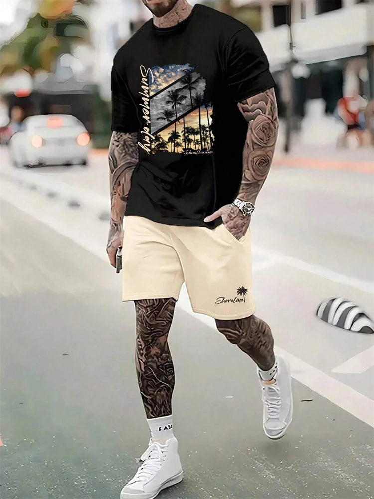 Men's Hawaiian Gradient Coconut Print T-Shirt & Pants 2-Piece Set – Beach Summer Sport