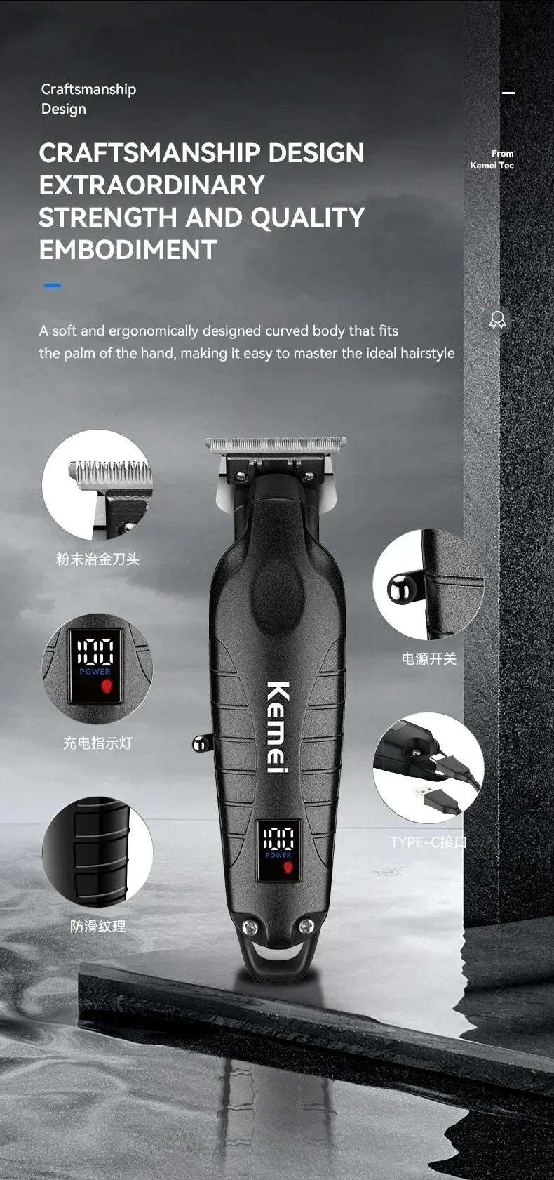 Kemei Professional Hair Clipper & Beard Trimmer – LCD Display, Wet/Dry, USB Fast Charge