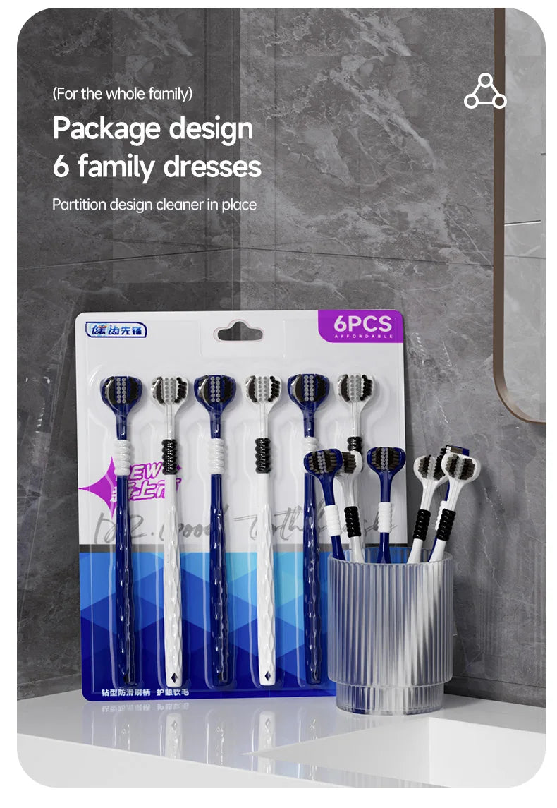 Clean Every Surface at Once — 3D U-Shaped Three-Sided Soft Toothbrush | 6pcs, 0.15mm Soft Bristles, Comprehensive Oral Cleaning for Adults