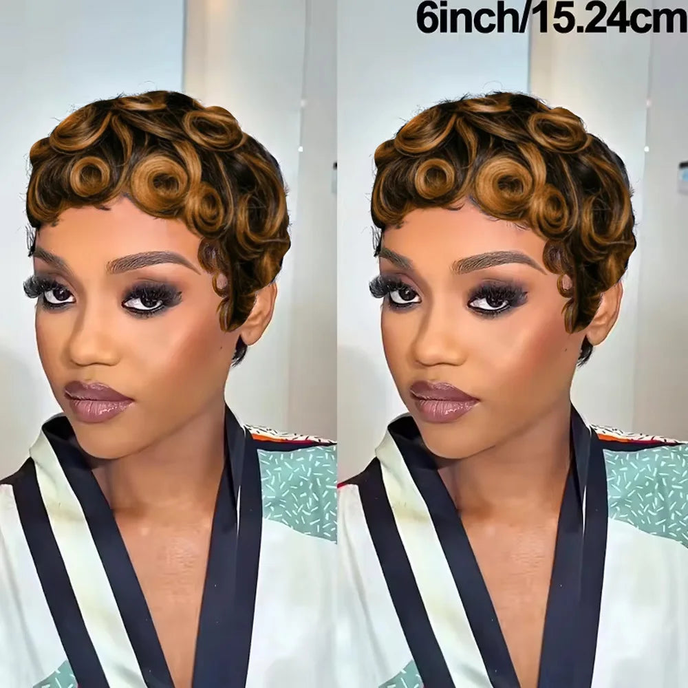 Women's Human Hair Pixie Cut Wig full machine made - Short Layered Curly with Bangs, Natural Black 250% Density