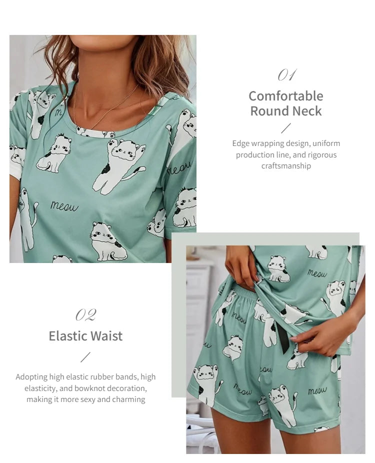 Cartoon Print 2-Piece Pajama Set — Short Sleeve Top & Pants