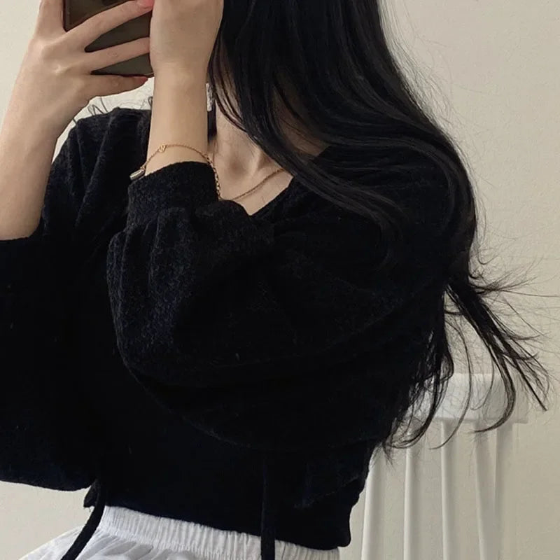 Women's Knitted Cardigan – Thin Lace-Up Lantern Sleeve Short Coat in White, Black & Gray