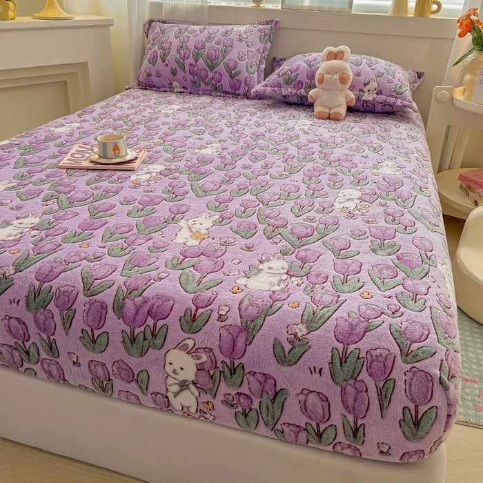 Flannel Fleece Fitted Bed Sheet – Warm Cartoon Purple, Elastic Single to King, Winter Bedsheet