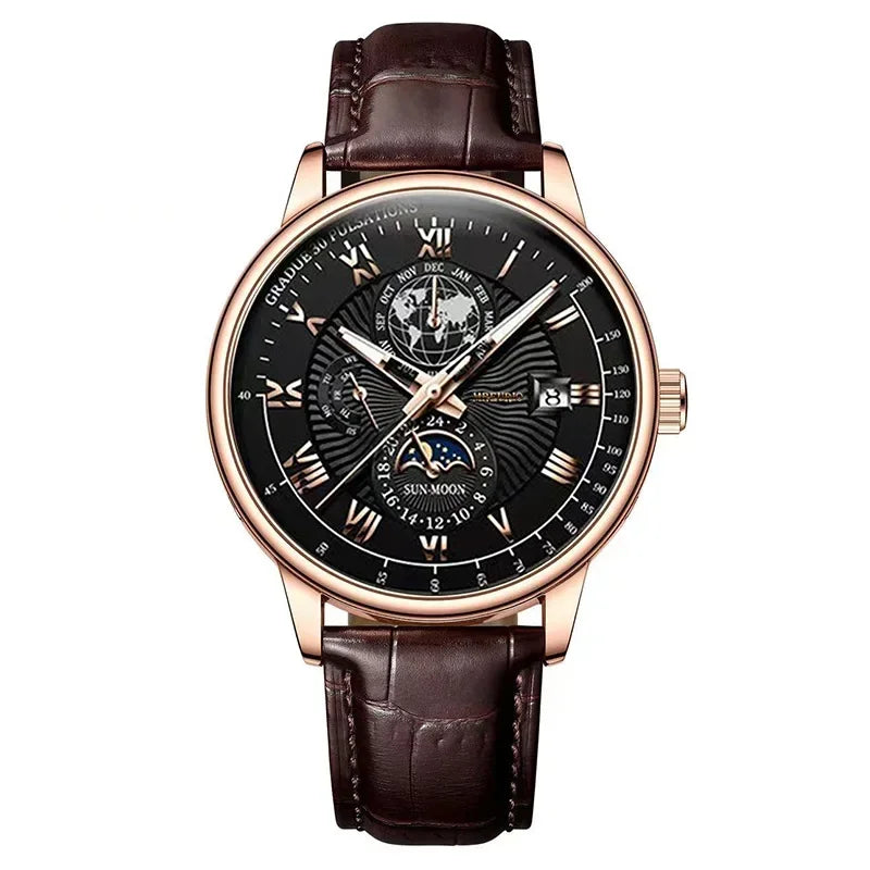 Men's Moon Phase Chronograph Quartz Watch | Luminous Leather Strap Luxury Sport Wristwatch