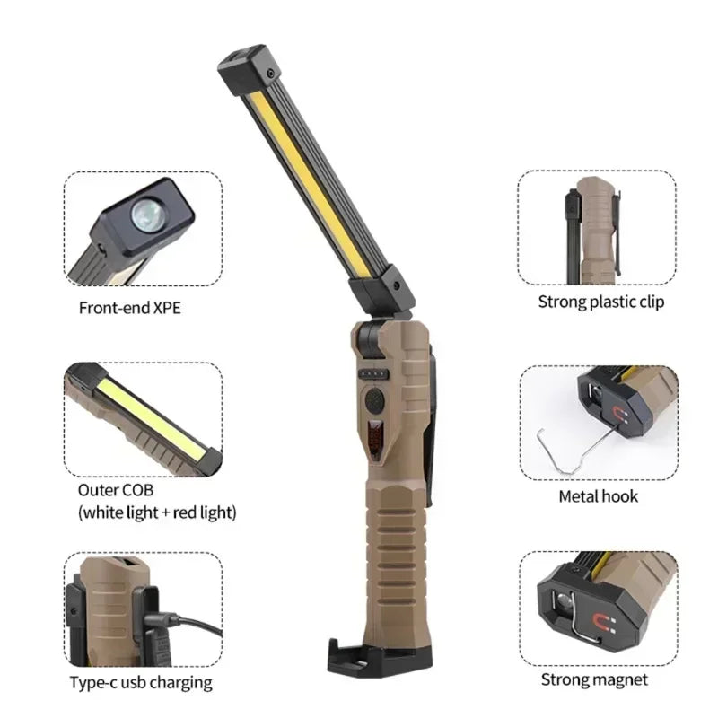 Folding COB+XPE LED Work Light – USB Rechargeable, 180° Foldable, Magnetic Base, Hook, Red SOS, Car Repair
