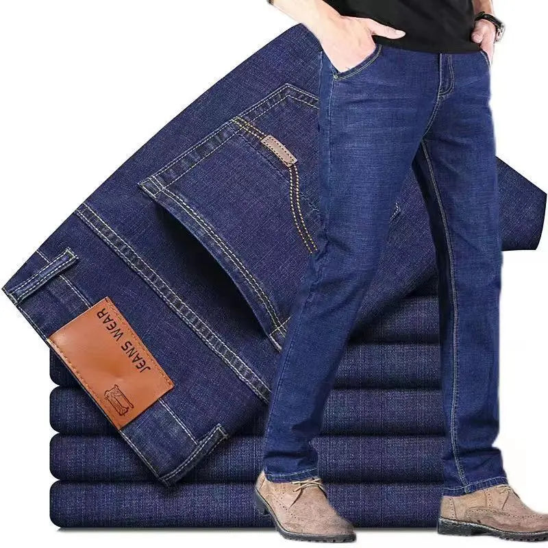 Men's Casual Straight Leg Jeans — Elastic Fit Classic Blue & Black Denim Pants