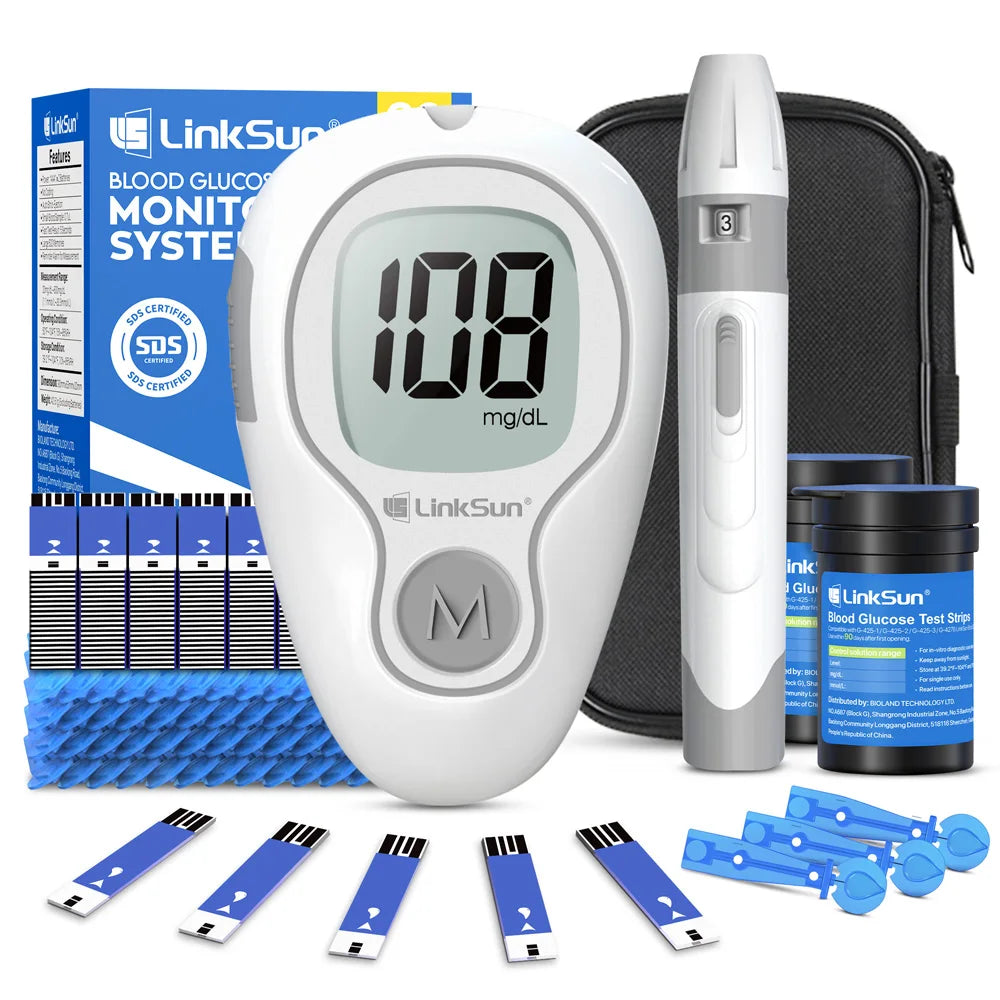 LinkSun G-425-3 Blood Glucose Meter – Complete Glucometer Kit with 10/50/100/200pcs Test Strips & Lancets for Diabetes Monitoring