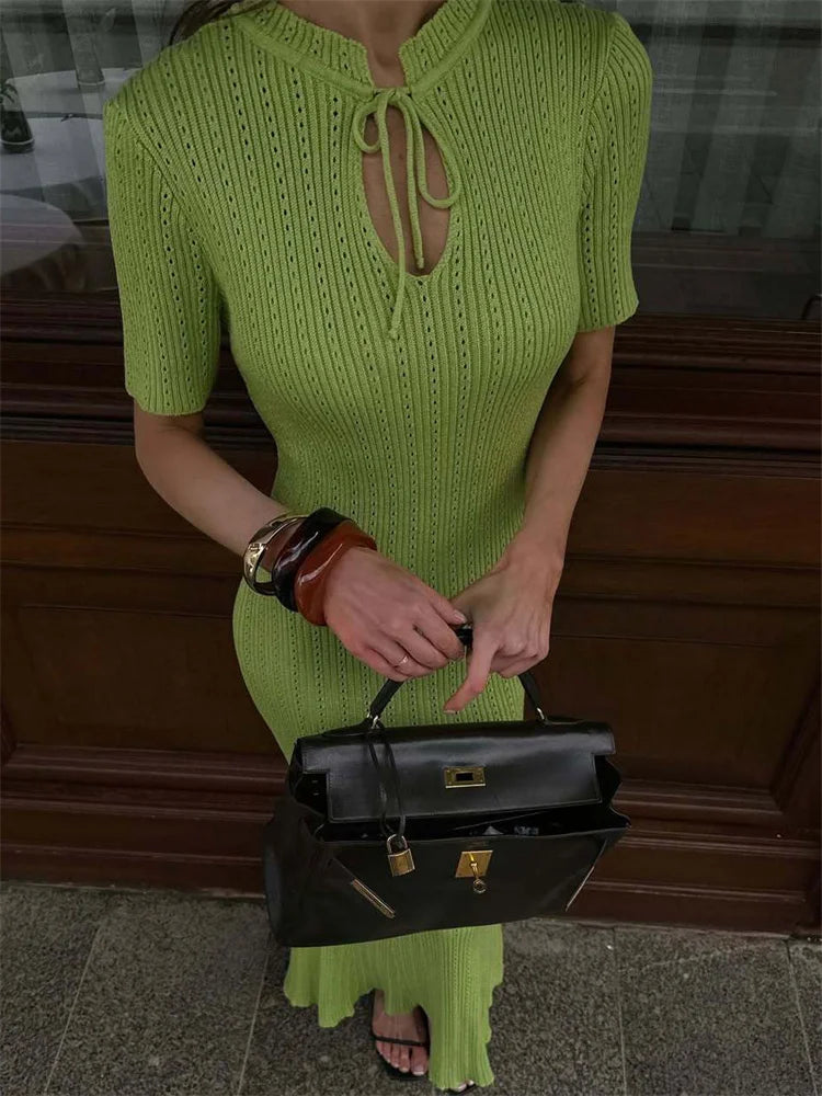 Tossy Knit Hollow Out Lace-Up Dress – Ribbed Short Sleeve Patchwork High Waist Elegant Long Dress