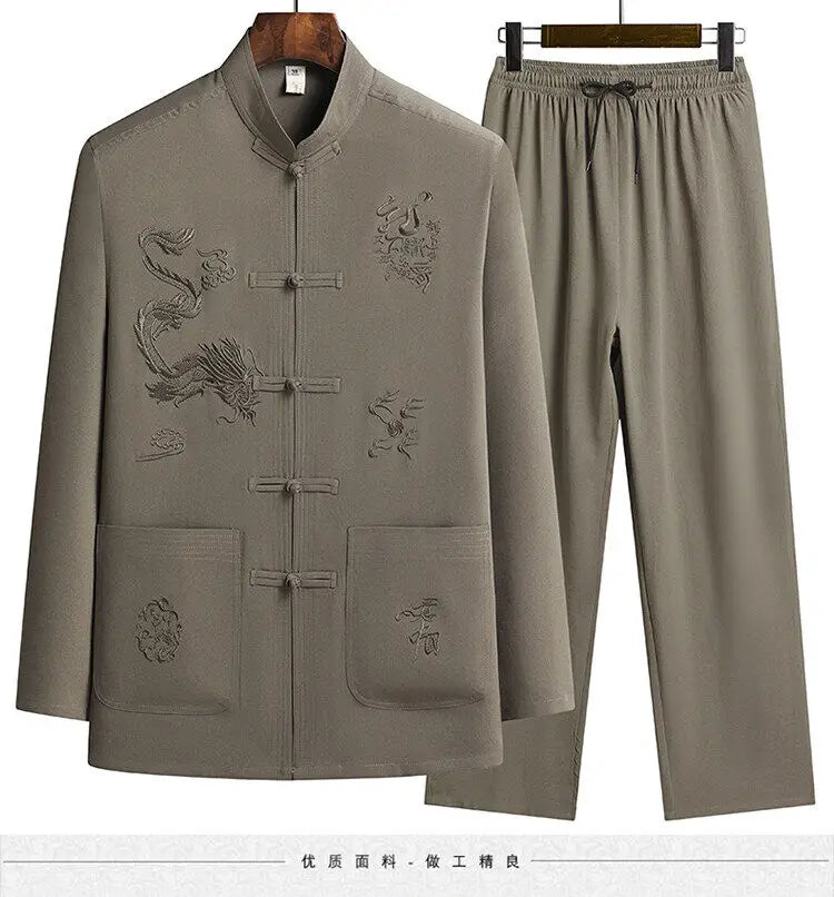 Men's Chinese Style Long Sleeve Shirt & Elastic Waist Pants Casual Set