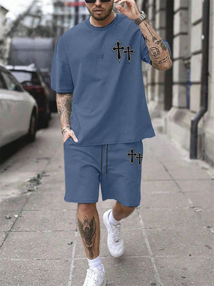 Men's Cross Print Short Sleeve T-Shirt & Shorts Set – Casual 2-Piece