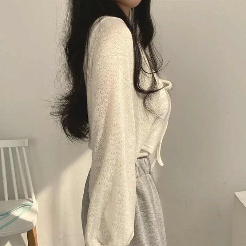 Women's Knitted Cardigan – Thin Lace-Up Lantern Sleeve Short Coat in White, Black & Gray