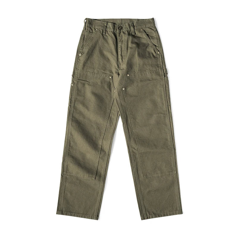 Olive green cargo pants with side button details and front flap pockets, laid flat on a white background.