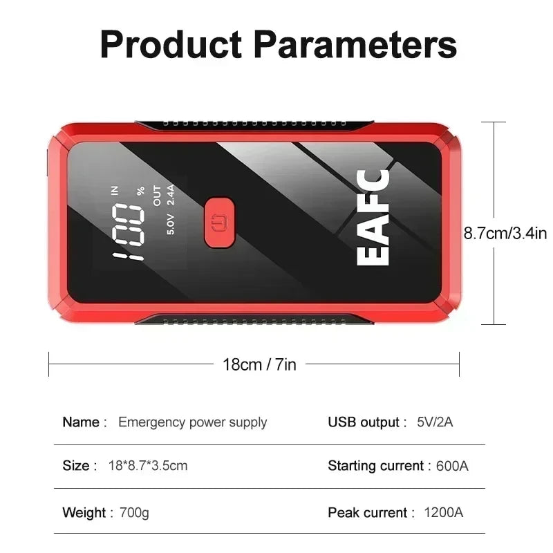 EAFC Portable Car Jump Starter — 600A–2000A Peak, 12V Battery Booster & Power Bank with LED Light