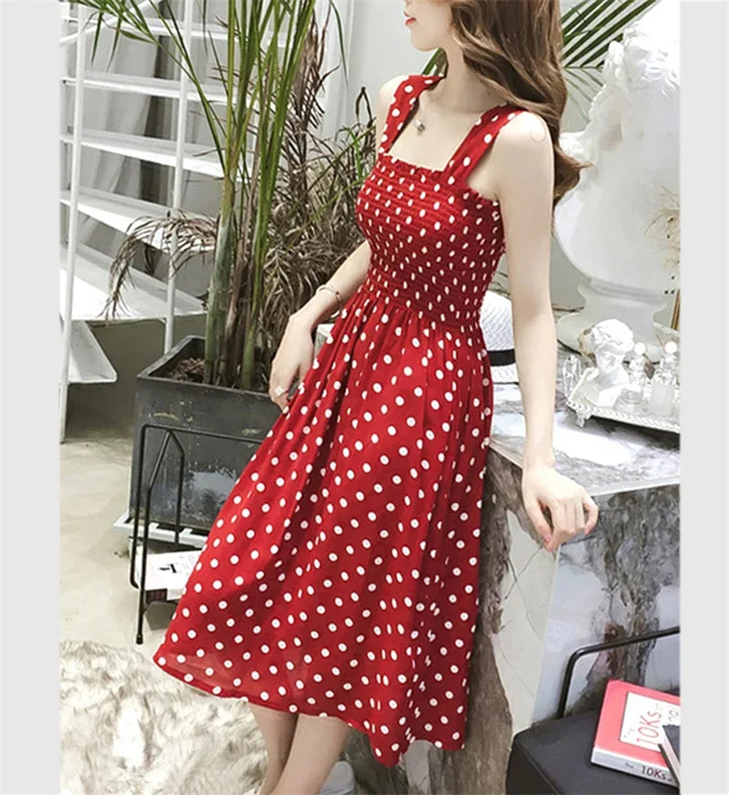 Polka Dot Square Neck Chiffon Maxi Dress — Sleeveless Elegant Long Dress