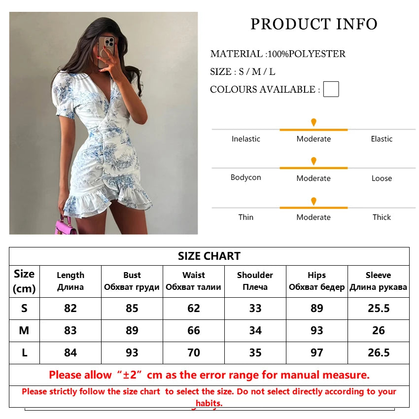 Women's Slim Print V-Neck Ruffle Mini Dress – Elegant Short Sleeve Streetwear Dress 2026