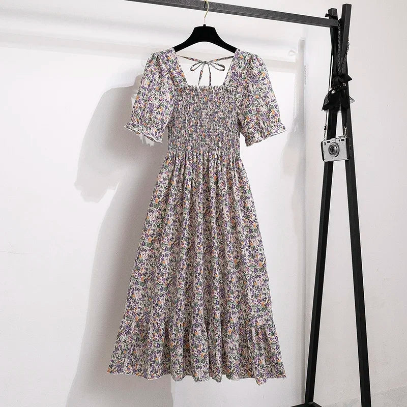 Chiffon A-Line Midi Dress — Elastic Waist Short Sleeve Casual Dress