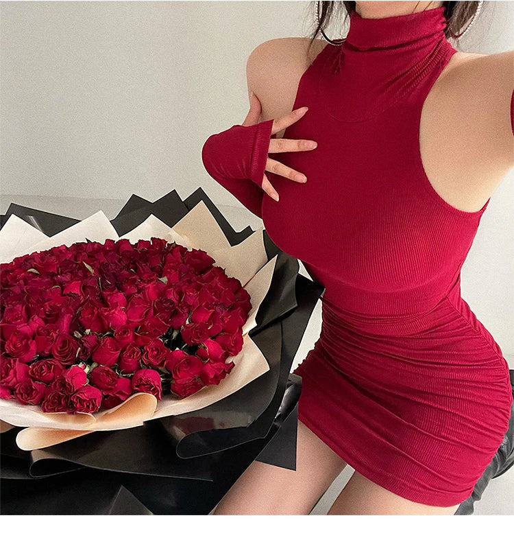 High Neck Lace-Up Pleated Mini Dress — Sleeveless Elastic Bodycon Party Dress