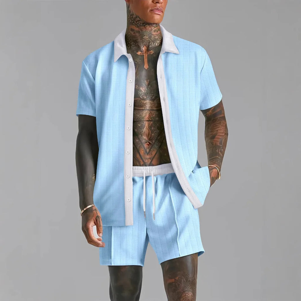 Men's Patchwork Transparent Lapel Shirt & Shorts Set – 2-Piece Summer Streetwear