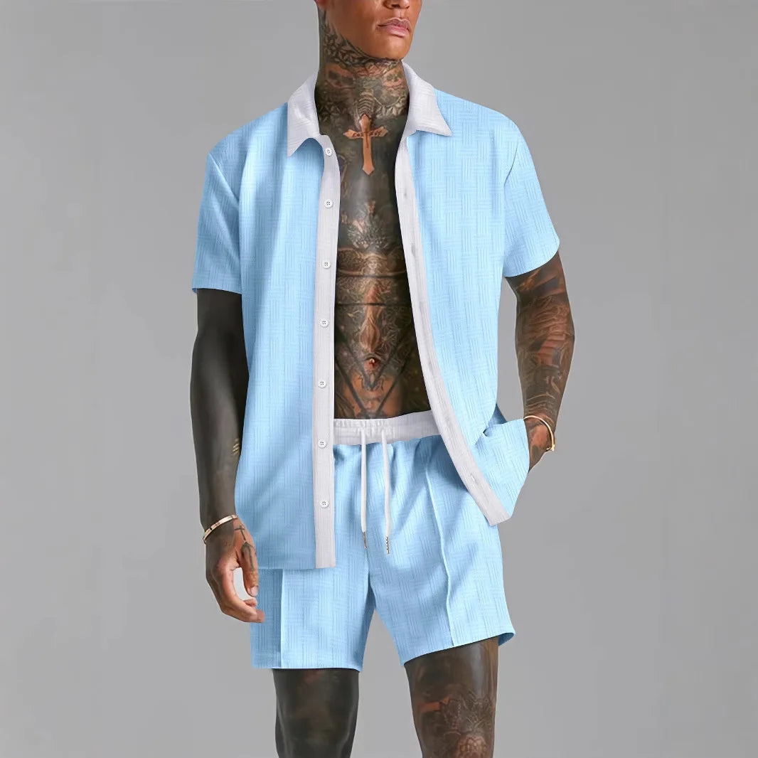 Men's Patchwork Transparent Lapel Shirt & Shorts Set – 2-Piece Summer Streetwear