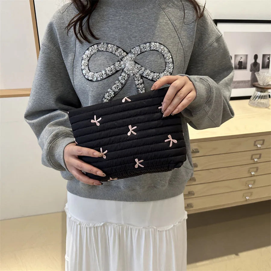 Cute Embroidery Bow Makeup Bag – Large Capacity Zipper Cosmetic & Wash Storage Bag