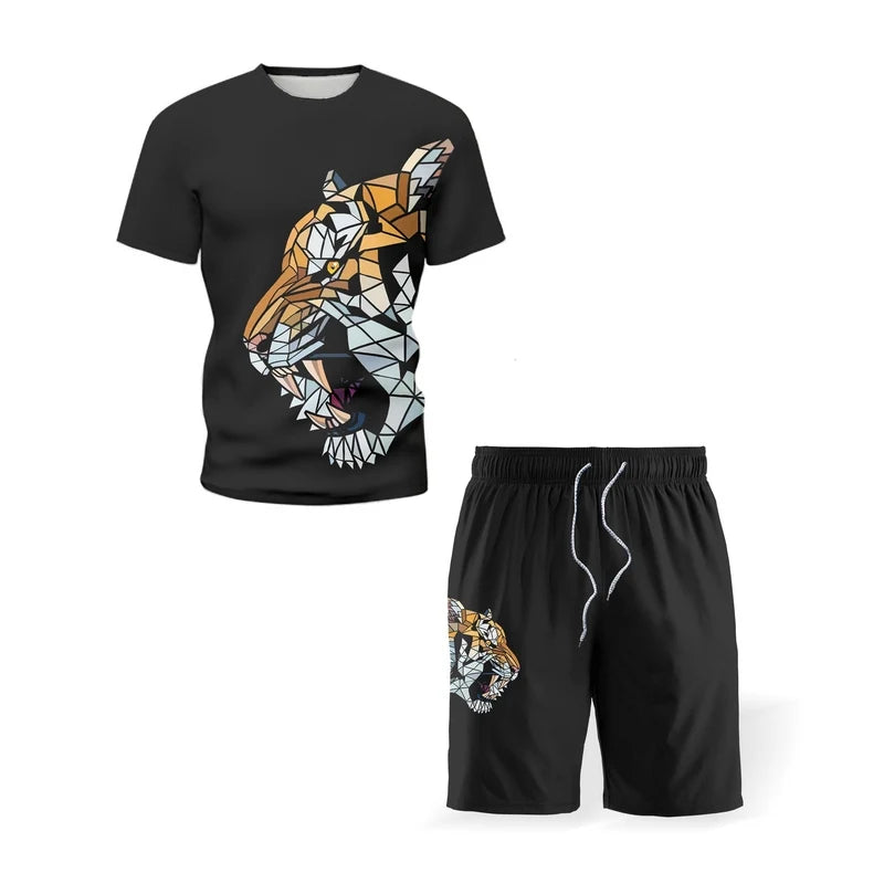Men's 3D Tiger Print Short Sleeve T-Shirt & Shorts Set – Casual Sportswear