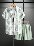 Men's Elegant Plant Print Lapel Shirt & Drawstring Shorts Set – Leisure Summer 2-Piece Suit