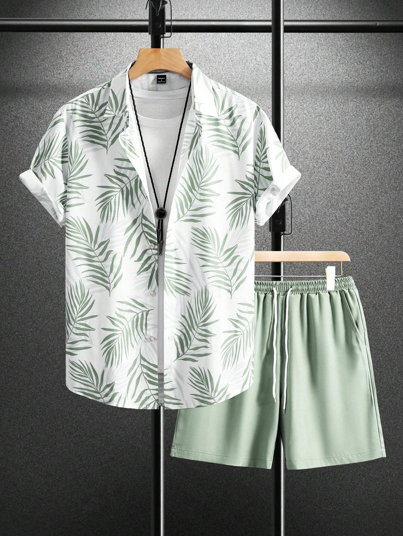 Men's Elegant Plant Print Lapel Shirt & Drawstring Shorts Set – Leisure Summer 2-Piece Suit
