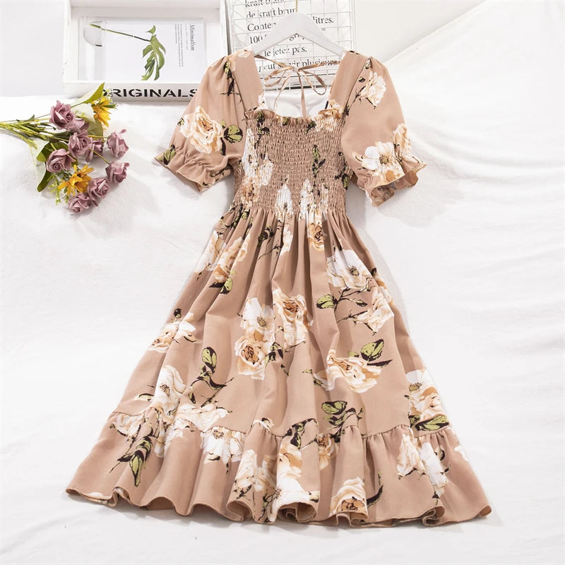 Chiffon A-Line Midi Dress — Elastic Waist Short Sleeve Casual Dress