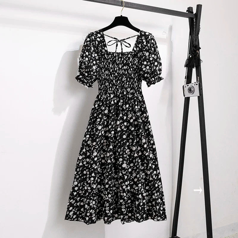 Chiffon A-Line Midi Dress — Elastic Waist Short Sleeve Casual Dress