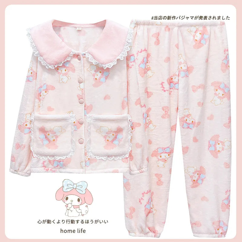 Women's My Melody Flannel Pajamas Set | Cute Lace Collar Winter Homewear Loungewear