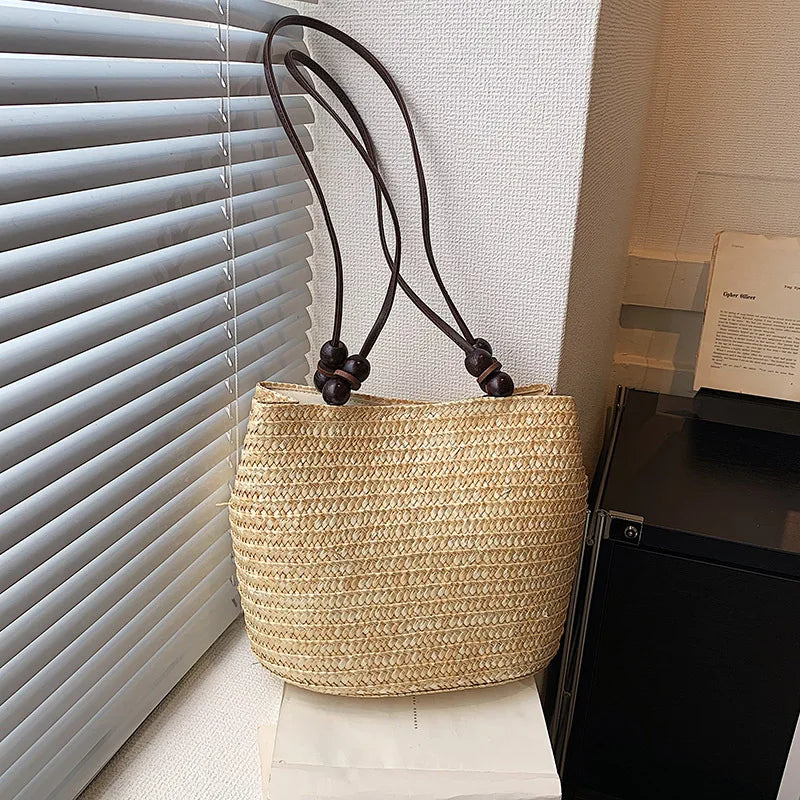 Handmade Straw Rattan Woven Tote Bag – Bohemian Beaded Summer Beach Shoulder Bag for Women
