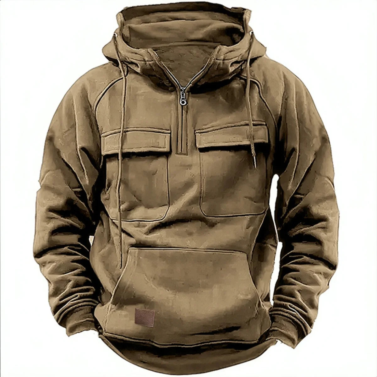 Men's Multi-Pocket Patch Hoodie Pullover — Casual Solid Color Hooded Shirt