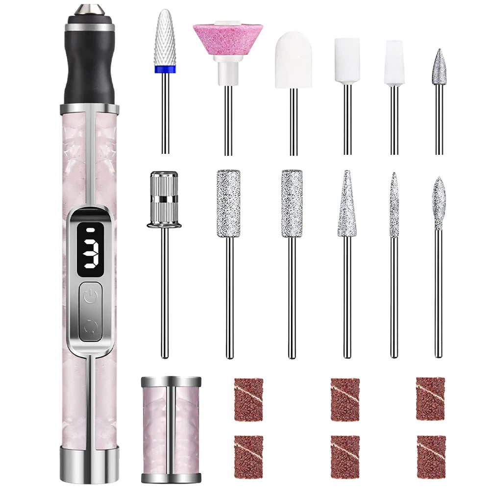Electric Nail Drill & Polisher – 3 Speeds, 15000 RPM, 12 Drill Bits, LED Display, USB-C