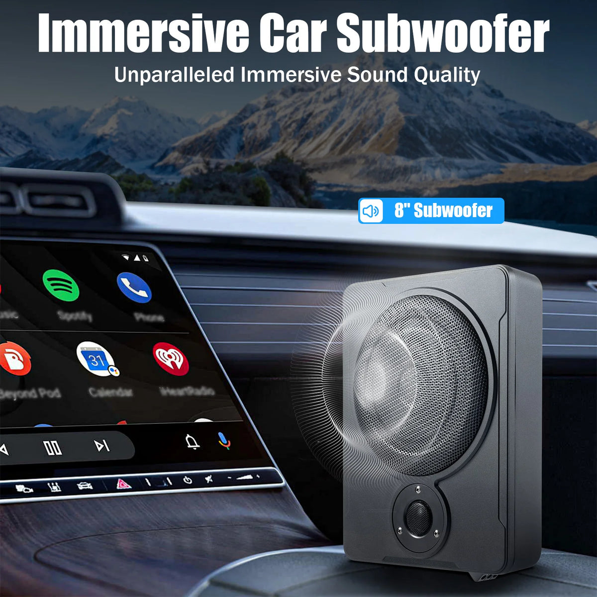 Car subwoofer with a mountainous landscape in the background