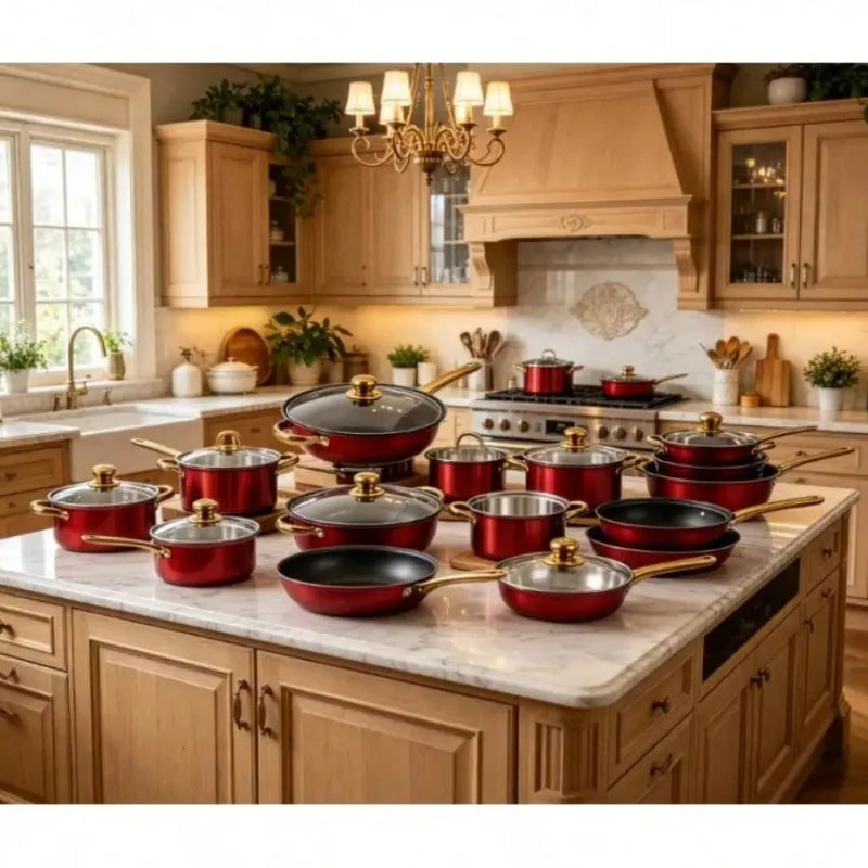 Nonstick Cookware Set – Wine Red with Gold Handles