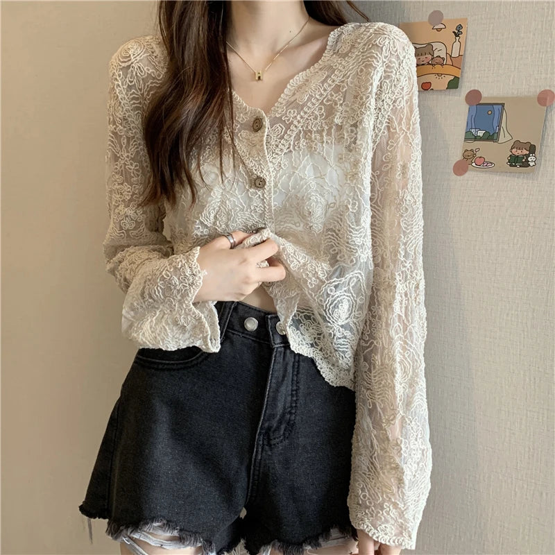 Women's Vintage Sheer Lace Blouse – Long Sleeve See-Through Sun Shirt Korean Style Casual Top