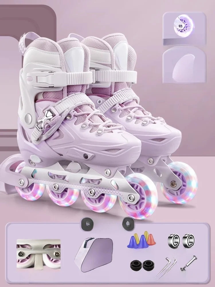 Inline Roller Skate Shoes with Helmet & Pads Set – Flashing 4-Wheel Beginner Adult Unisex Outdoor Skating