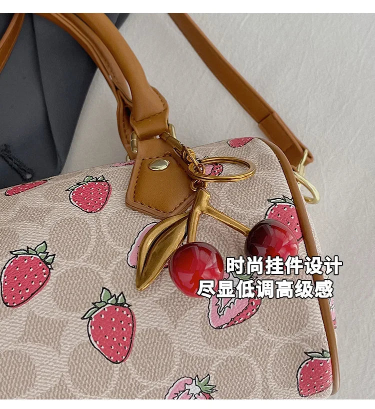 Cherry Print PU Leather Boston Crossbody Shoulder Bag – Luxury Designer Handbag for Women