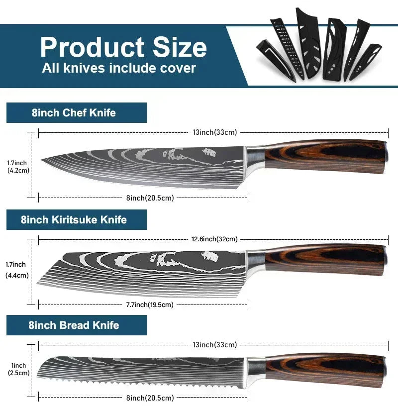 Damascus Kitchen Knife Set — Japanese Santoku, Cleaver, Slicing & Boning Knives