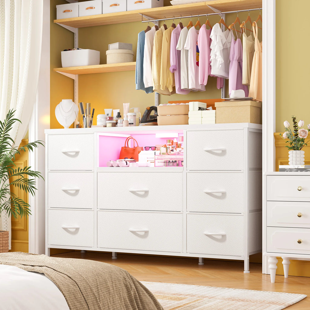 8-Drawer Media Dresser with LED Lighting & Built-In Charging Station — Fabric Storage Cabinet for 55" TVs