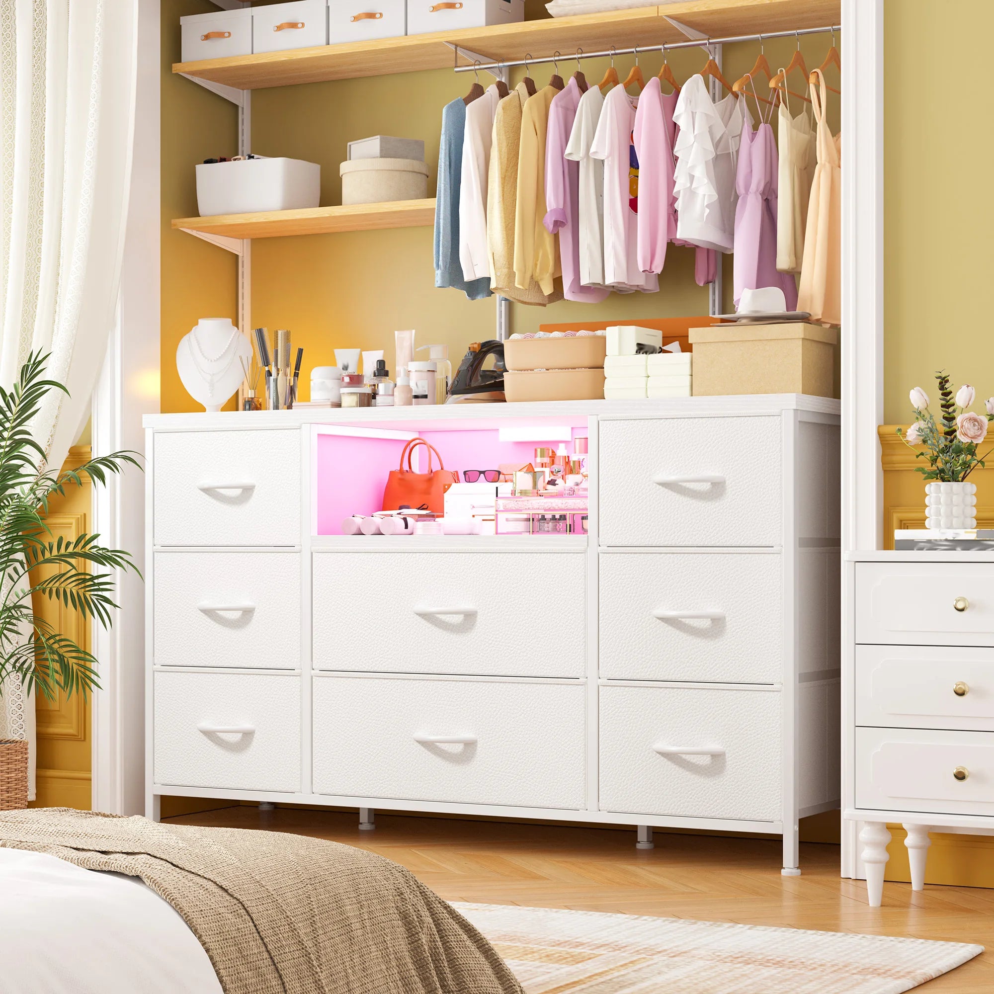8-Drawer Media Dresser with LED Lighting & Built-In Charging Station — Fabric Storage Cabinet for 55" TVs
